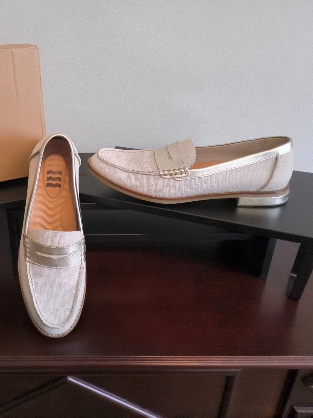 Sperry Loafers. Size 9. Soft white with metallic accents.